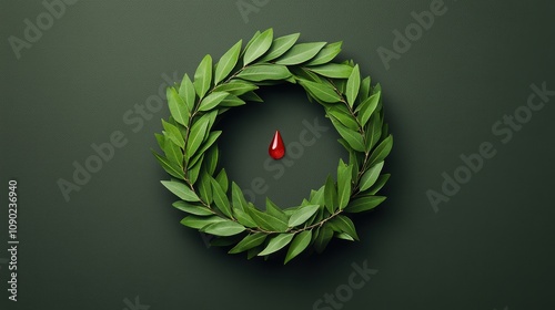 Laurel wreath with red drop on green background