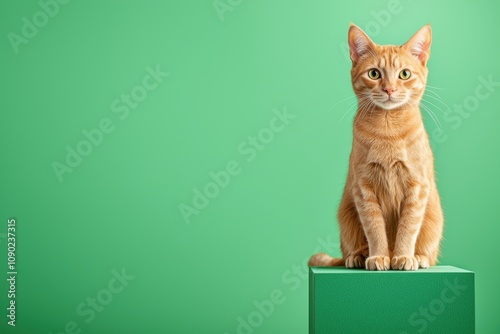 Orange cat sitting on a green pedestal against green backdrop