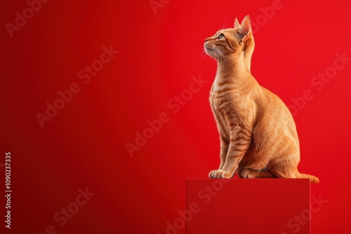 Orange cat sitting gracefully against a red background.