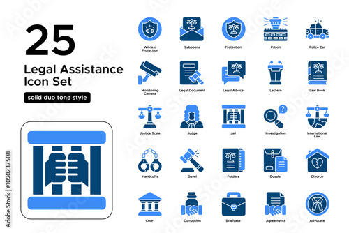Legal Assistance Solid Duo Tone Icon Set: Attorney Expertise, Legal Remedies, and Case Support Icons