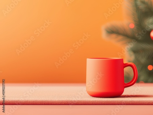 Red mug on a table, festive background with soft focus.