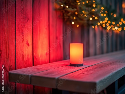 Soft glowing candle on wooden table, cozy ambiance outdoor setting.