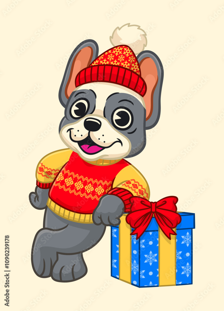 Fototapeta premium French Bulldog Mascot Lean on Gift Box