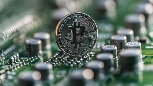 gold Bitcoin coin resting on a computer motherboard. The Bitcoin coin is illuminated by a spotlight photo