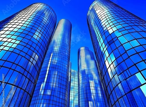 A low angle view of four towering glass skyscrapers against a bright blue sky. photo