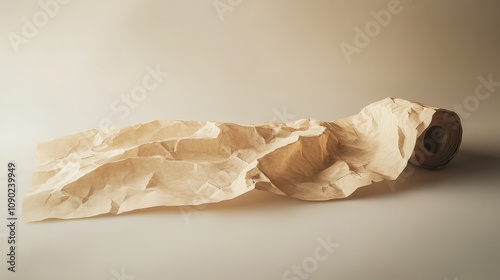 Textured Roll of Brown Craft Paper Unraveled on a Soft Neutral Surface with Dynamic Creases and Waves for Creative Artistic Backgrounds and Inspirations photo