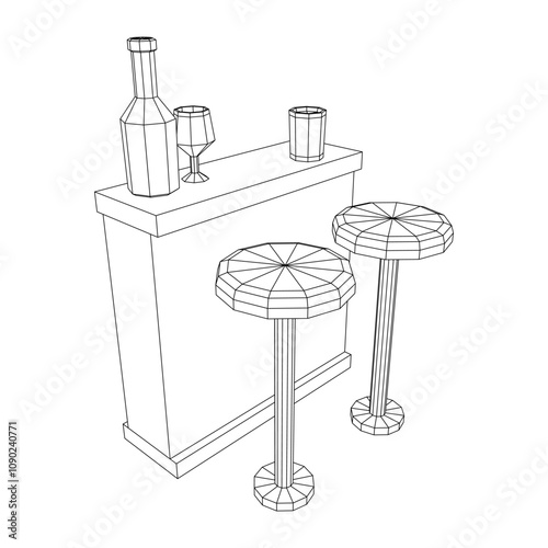 Bar counter with stools, bar top with bottles and glasses. Wireframe low poly mesh vector illustration.