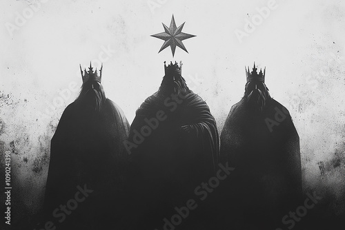 Three cloaked figures in crowns with a star above them against a misty background. photo