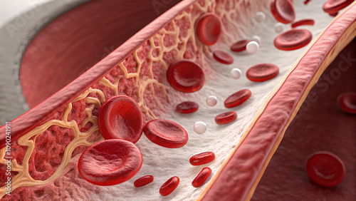 Red blood vessel from a close distance, featuring both cross-sectional and longitudinal views