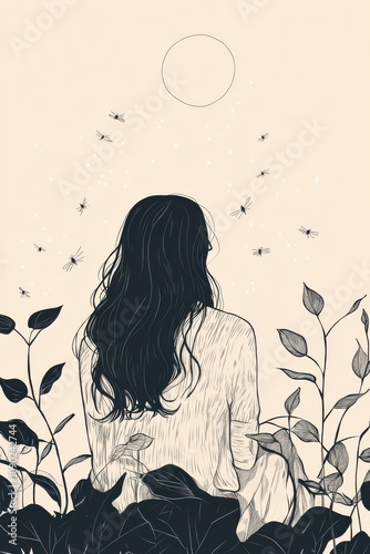 A minimal single line art of a woman watching fireflies light up a summer night in a lush garden, capturing the magic of the moment, hand-drawn style minimalist line art, beige colors 