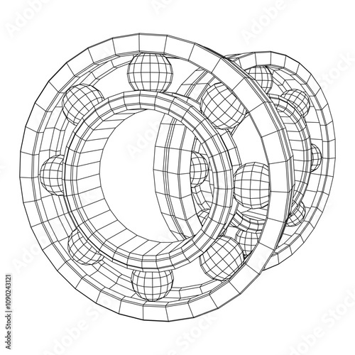 Roller bearing. Circular round rotating bearings used in industry for heavy equipment mechanical work and engineering. Wireframe low poly mesh vector illustration.