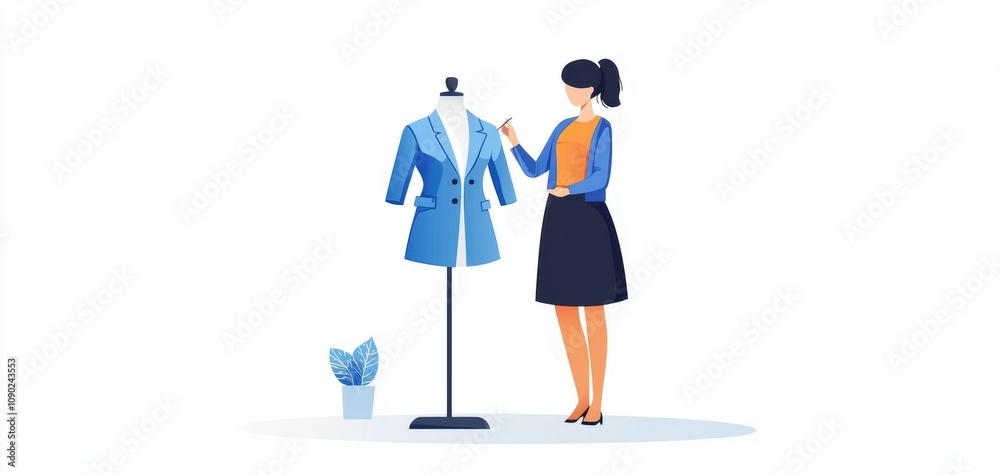 Fototapeta premium A fashion designer working on a blue coat design, showcasing creativity and passion for clothing and style.