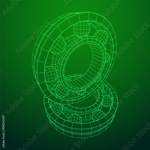 Roller bearing. Circular round rotating bearings used in industry for heavy equipment mechanical work and engineering. Wireframe low poly mesh vector illustration.