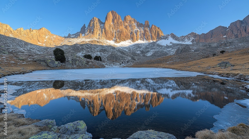 Obraz premium A serene mountain landscape reflecting in a calm lake during sunrise.
