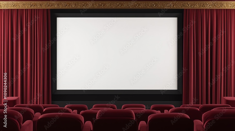 Fototapeta premium Deep burgundy velvet drapes surrounding a grand theater screen, with plush matching seats and ornate gold details, evoking old-world elegance in a private home theater