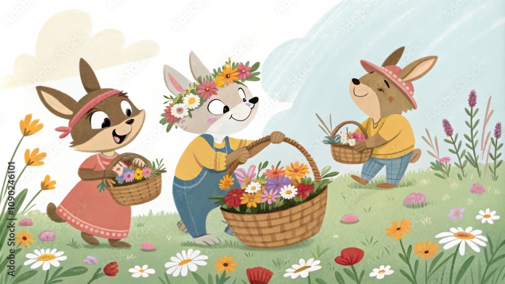 Fototapeta premium Therian figures picking wildflowers their faces beaming with pride as they gather vibrant blooms in woven baskets.