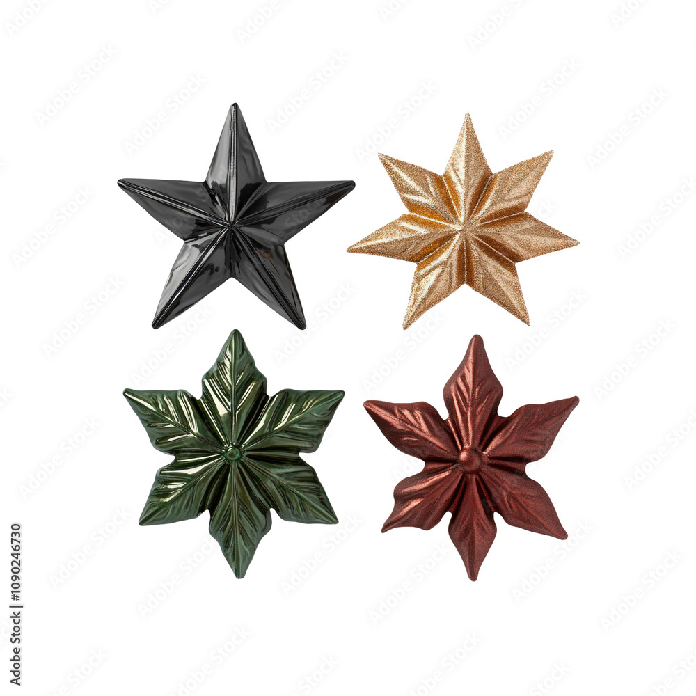 Obraz premium Four Metallic Star Ornaments in Gold, Black, Green, and Burgundy
