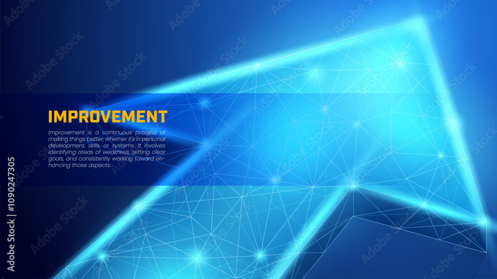 Obraz premium Digital arrow up in wireframe particle style and dark blue background, illustration of business investment growth and market growth.