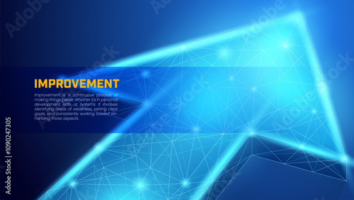 Digital arrow up in wireframe particle style and dark blue background, illustration of business investment growth and market growth.