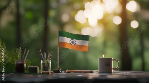 A serene morning scene with the Indian flag waving majestically, surrounded by crafts like tri-colored rangoli and branded items such as mugs and pens, photographed in high