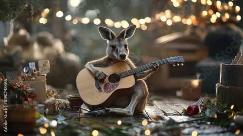 A kangaroo jamming on an acoustic guitar, with subtle branded details like a custom guitar pick and Australian-themed crafts displayed around, photo