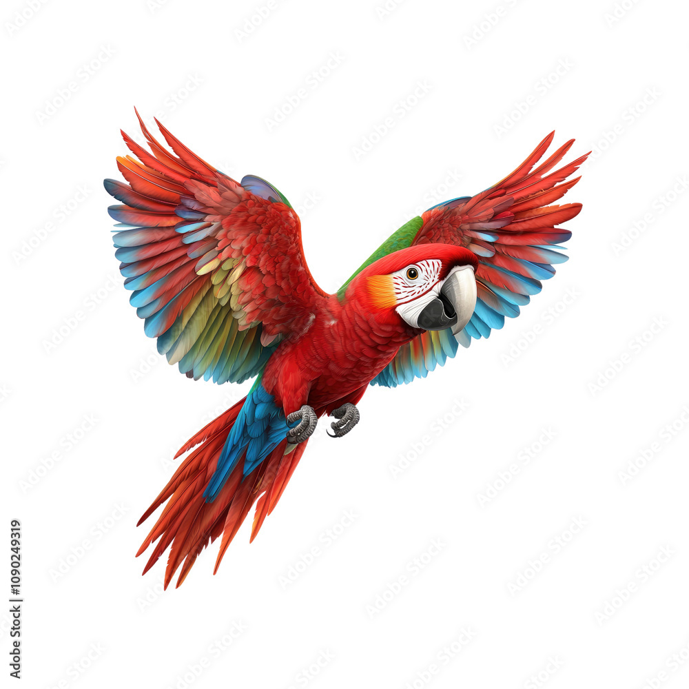 Obraz premium Scarlet Macaw in Flight Vibrant Tropical Bird with Spread Wings