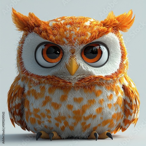 Cute Cartoon Owl with Big Eyes: Adorable, cartoon-style owl with large, expressive eyes and fluffy orange and white feathers.  Perfect for children's books, illustrations, and social media. photo