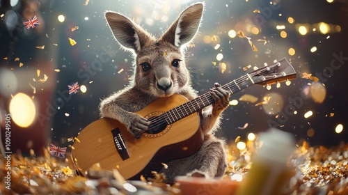 A vibrant depiction of a kangaroo strumming an acoustic guitar, with branding opportunities on the guitar strap and subtle crafts like small Australian flags and logos, photo