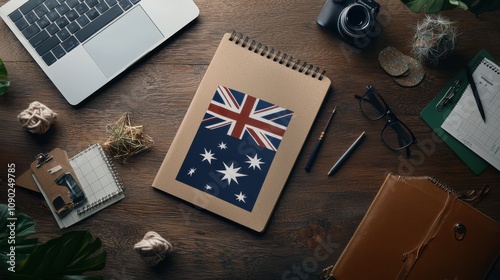 A modern composition of the Australian flag with branding opportunities: the flag waves prominently while branded crafts like calendars and greeting cards with flag motifs are displayed below, photo