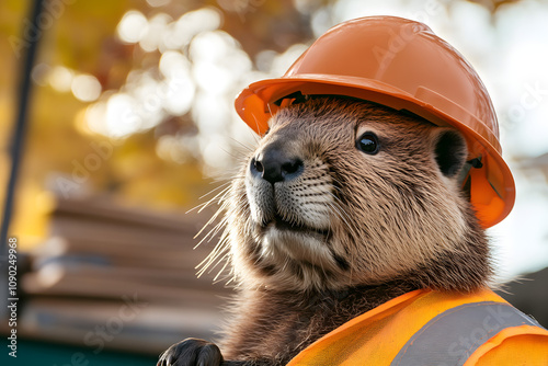 Beaver construction worker wearing an orange hard hat and safety vest, representing labor, craftsmanship, and teamwork, perfect for themes of work, safety, and engineering photo