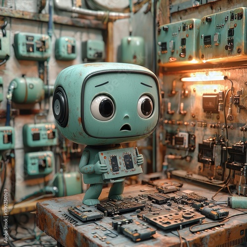 Retro Robot Repair: A vintage-style robot with expressive eyes meticulously works on an old control panel in a cluttered workshop. The scene evokes nostalgia and a sense of curiosity. photo