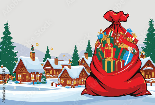 Vector illustration overflowing with colorful Christmas presents, highlighting the cheerful holiday atmosphere with snowy rooftops, evergreen trees, and warm, glowing lights., easily editable