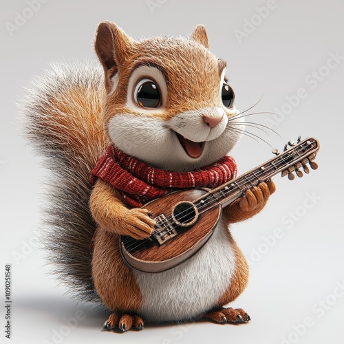 Cute Squirrel Musician: A charming and adorable squirrel with big, expressive eyes plays a mandolin with a mischievous grin. The vibrant red scarf adds a touch of whimsy.