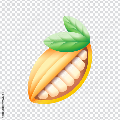 Detailed and colorful flat vector illustration of a cacao pod with beans, representing the natural source of chocolate. Perfect for use in organic product packaging, chocolate branding, agricultural i