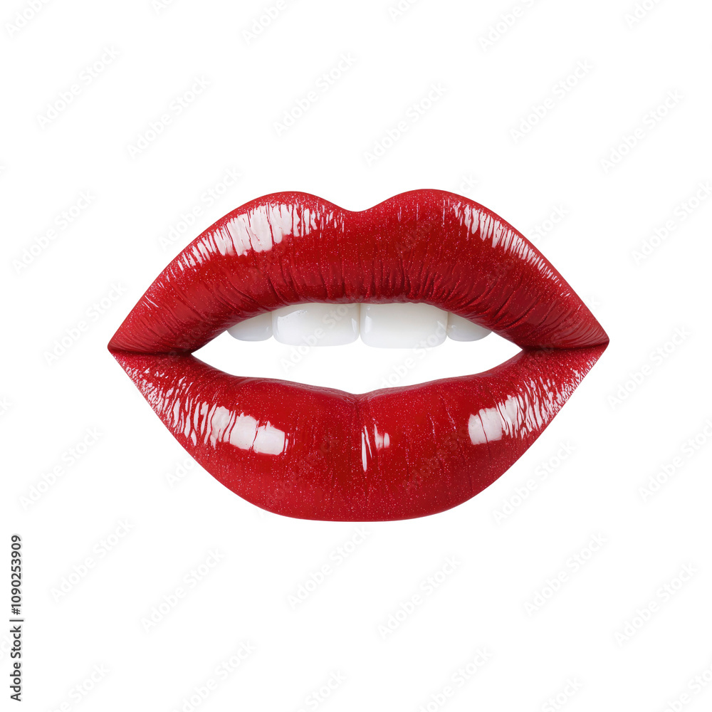 Obraz premium Close-up of Glossy Red Lips with Perfect Teeth on White Background