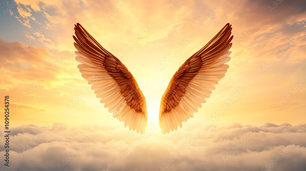 Obraz premium heaven glow divine Heavenly wings against a sunset background
