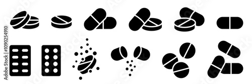 Pills and tablets icon set. Pill capsule in black line icons. Vitamin, drug compounds and pharmaceutical products, pharmacy pill, medicine vector illustration isolated on transparent background.