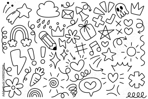 Doodle cute line elements, Black hand drawn vector elements, Simple sketch line style emphasis, attention, arrow, heart, love, star, leaf, sun, flower, crown, swirl