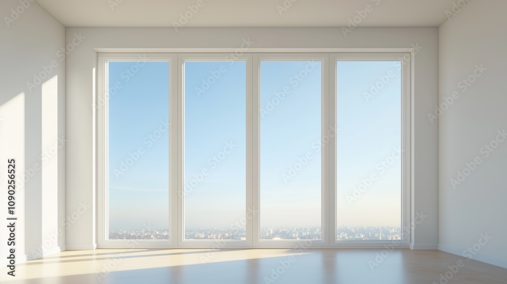 Fototapeta premium Interior view of an empty room in a skyscraper, showcasing the cityscape during the day. The skyline view from a high-rise window offers a gorgeous property with a stunning view.
