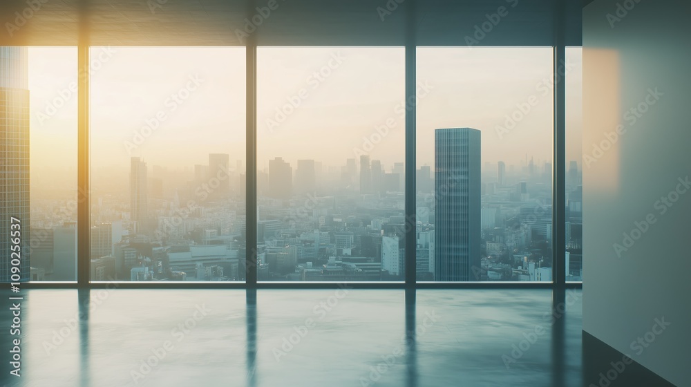 Fototapeta premium Interior view of an empty room in a skyscraper, showcasing the cityscape during the day. The skyline view from a high-rise window offers a gorgeous property with a stunning view.
