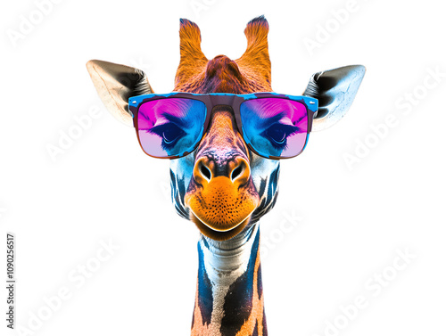 Colorful giraffe cartoon wearing a sunglasses isolated on white background. Suitable for marketing or business purposes. PNG file photo