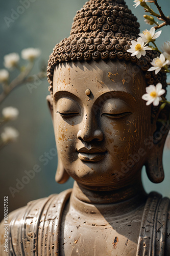 The Buddha statue exudes zen and tranquility against a plain backdrop.