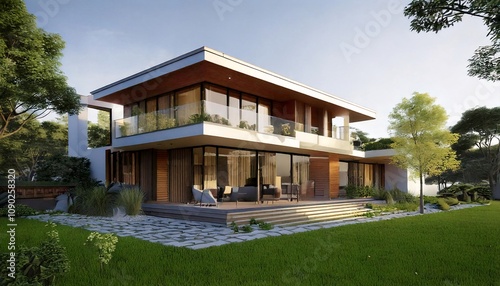 3d render styled conceptional illustration of a modern minimalist cozy house photo