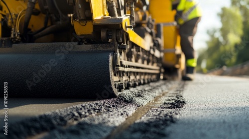 A close-up of a road paver in high-visibility clothing, operating a paving machine with freshly laid asphalt in the background, Road paving scene photo