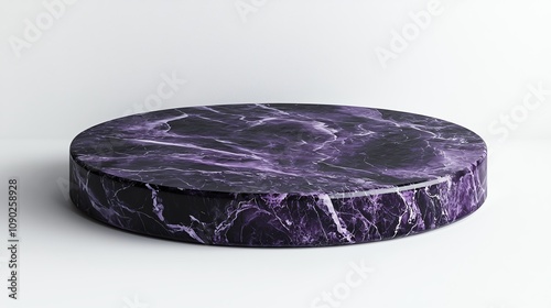 A podium crafted from smooth marble with deep violet tones, polished surface reflecting light, isolated on a clean white background, ultra high-resolution, 8K