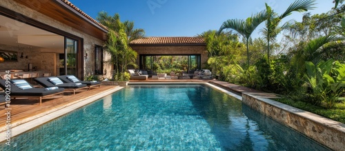 Wallpaper Mural A modern villa with a swimming pool and lush tropical landscaping. Torontodigital.ca