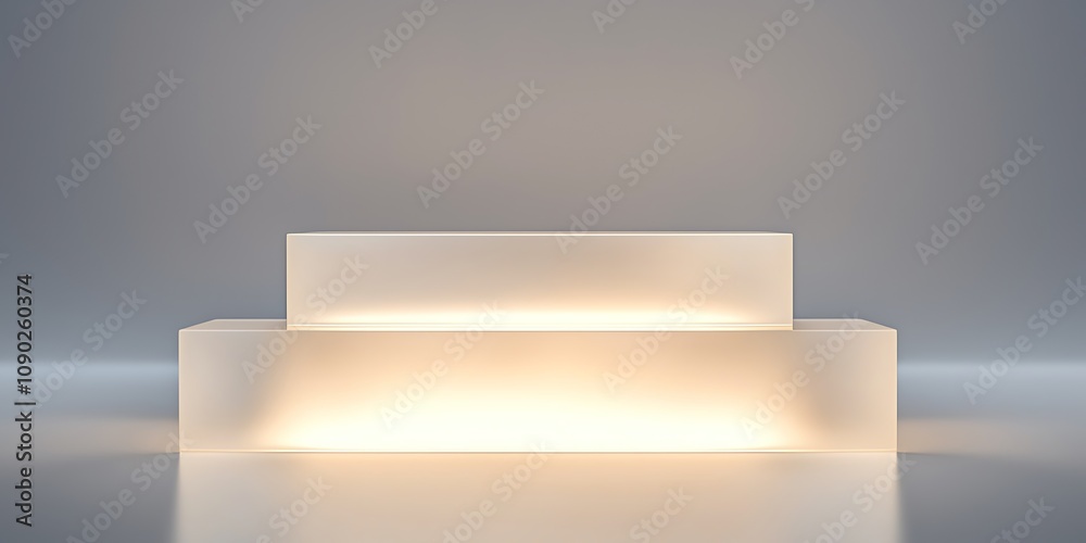 Obraz premium A podium made from frosted white glass with glowing edges, diffused lighting creating soft reflections, isolated on a white background, ultra high-resolution, 8K