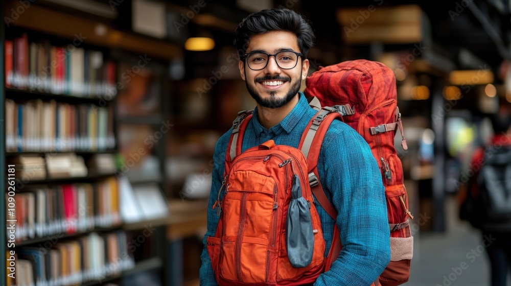 Fototapeta premium A smiling young man with a backpack stands in a library filled with books.