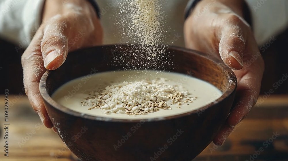 Fototapeta premium A close-up of hands adding flour over a wooden bowl filled with milk and oats, showcasing the process of preparing a wholesome breakfast or dessert recipe at home.