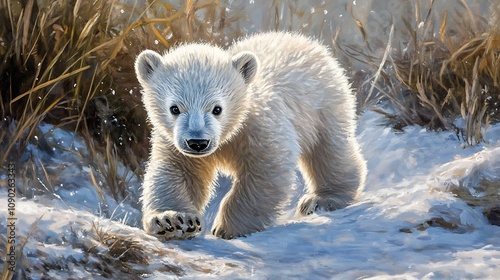 Polar Bear Cub Exploring the Snowy Wilderness AI Generated